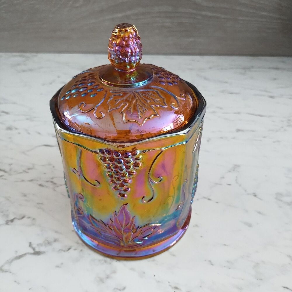 Vintage Indiana Glass Iridescent Marigold Carnival Harvest Grape Biscuit  Jar - Picture 3 of 12
